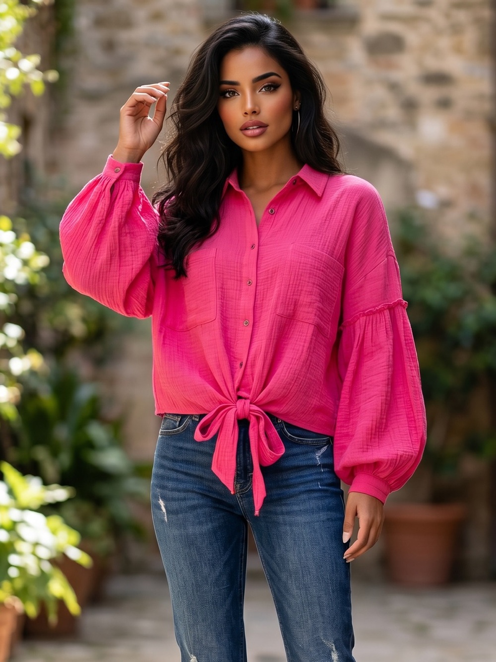 🌟B704. Stylish Hot Pink Tie Front Button-Up Blouse